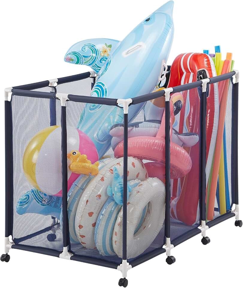 VEVOR Pool Storage Bin, 48 x 33 x 39 in, Rolling Pool Float Storage Organizer with Casters, Durable Plastic Frame, Poolside Toys Noodles Holder, Breathable Mesh Basket for Swimming Pools