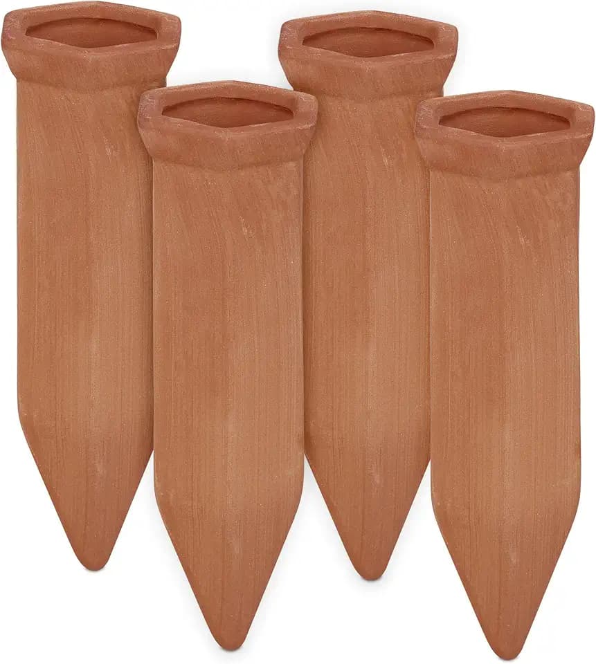 Relaxdays Tonspitzen Bewässerung, 4er Set, Keramik, Gießhilfe für 1,5 l Flaschen, Gießkegel HBT: 14x4,5x4 cm, Terracotta