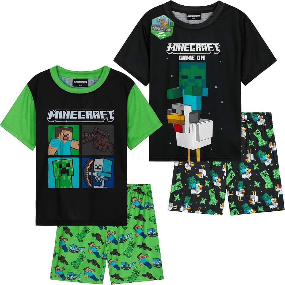 Minecraft Pyjama Jungen Teenager, Multipack, Sommer Kurz Schlafanzug Kinder Set mit Weich Kurzarm T-Shirt, Gamer Geschenke für Kinder