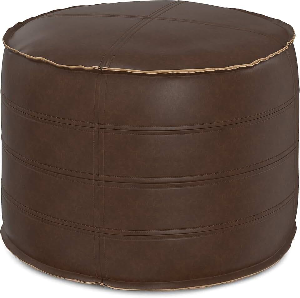 SIMPLIHOME Brody 20" Wide Round Pouf in Distressed Dark Brown Vegan Leather