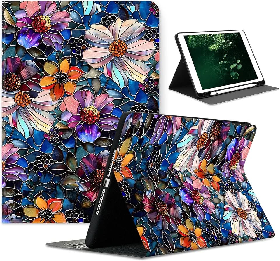 Compatible with iPad Air 13 inch Case (M3 2025 /M2 2024)/12.9 inch Case (6th/5th/4th/3rd 2022/2021/2020/2018) with Pencil Holder,Auto Wake/Sleep Protect Cover,Artistic Stained Glass Floral