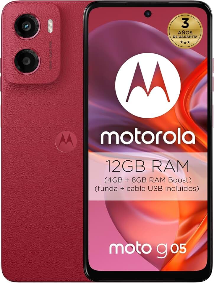 Moto G05, 12 GB (4G + 8 GB RAM Boost)/256 GB Rot, Spanien, superhelles Display von 16,9 cm (6,67 Zoll), 50-MP-Kamerasystem, Porträtmodus mit IA, Soft Luxe, Corning Gorilla Glass 3, Akku 5200 mAh