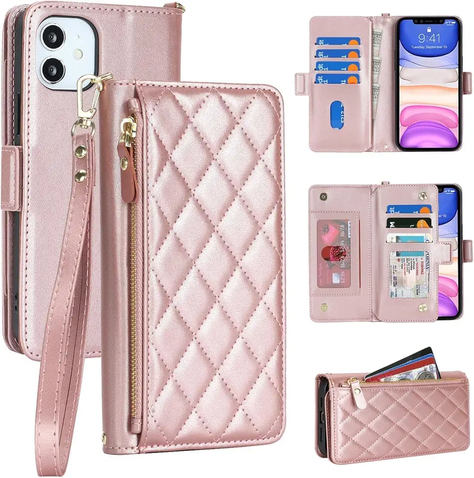 Phone Wallet for iPhone 11 Purse Case with Strap,6.1",Rhombus- RoseGold