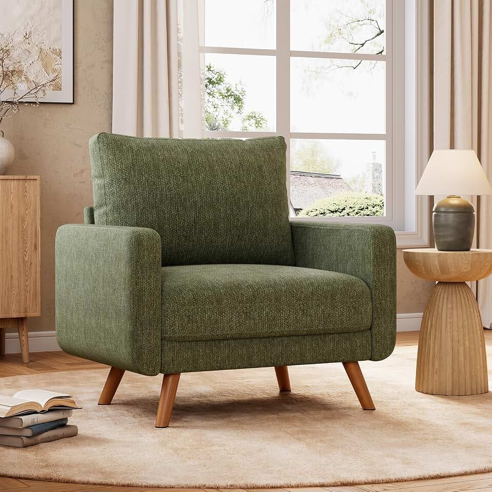 Oversized Accent Chair for Living Room, Mid Century Modern Accent Chairs,Chenille Living Room Armchairs, Bedroom Reading Chair with Widen Arm Rest, Cozy Single Sofa Chair, Olive Green