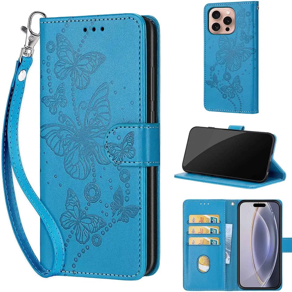 Wallet Case for iPhone 16 Pro, Blue Butterfly