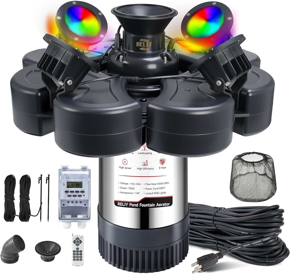 RELIY Pond Fountain Aerator, With 4 RGB Lights 1HP 110V 15000 GPH Stainless Steel Fountain Pump, Fully Automatic Powerful Lake Floating Fountain, 100 FT Power Cord, Programmable Timer Switch