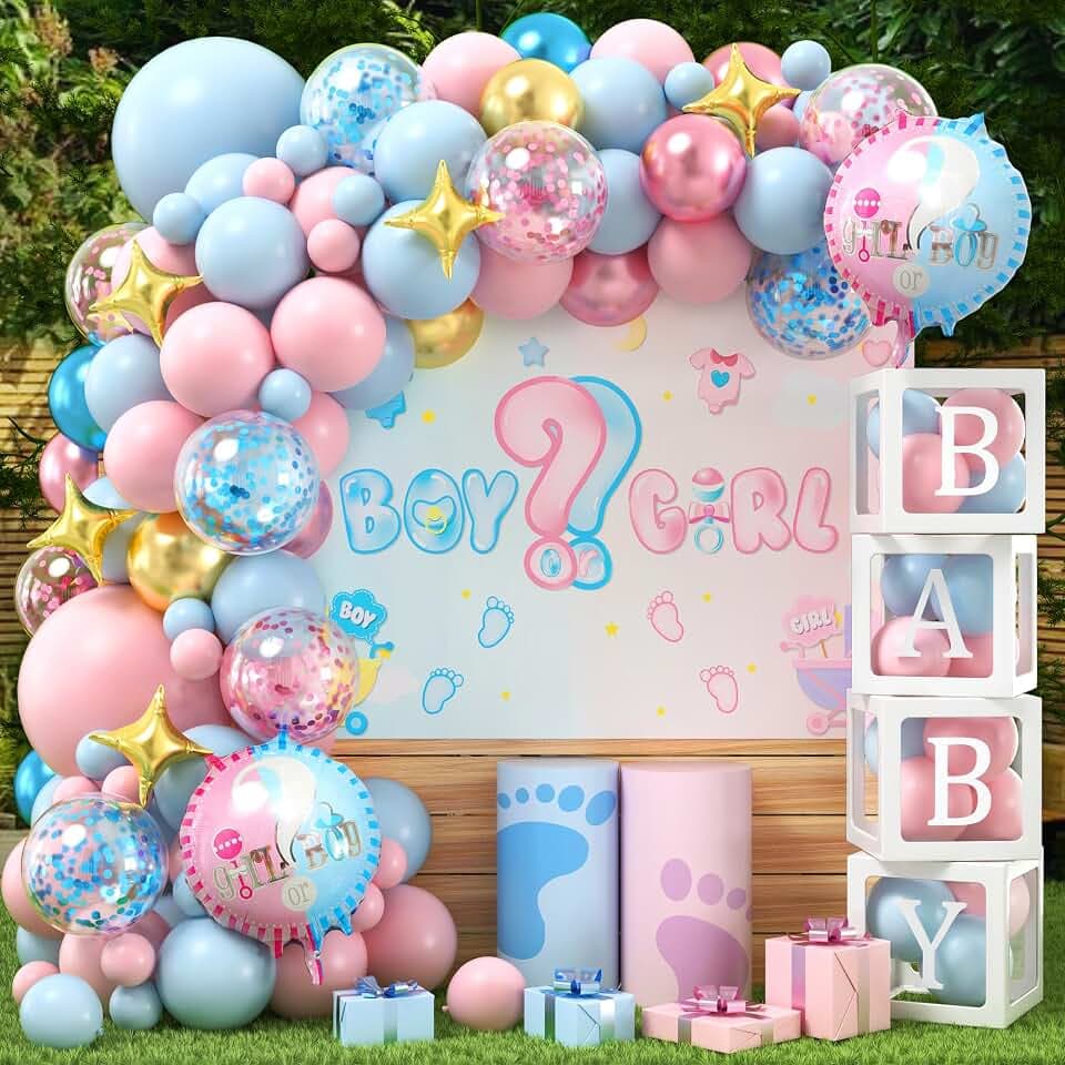 vamei 122Stk Gender Reveal Party Deko Babyparty Deko mit Ballonbox Luftballon Girlande Blau Rosa Boy or Girl Gender Reveal Ballon Baby Boxen Baby Shower Deko