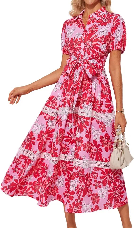 GRACE KARIN Damen Sommer Kurzarm Blumenkleid Polokragen A-Linie Kleider Boho Urlaub Maxi Blusenkleid mit Tasche