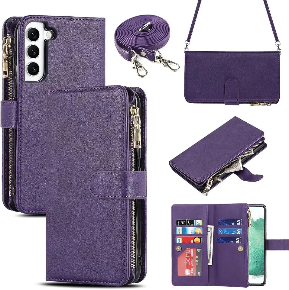 iCoverCase for Samsung Galaxy S22 Wallet Case with Card Holder, Kickstand Feature PU Leather Case with Adjustable Crossbody Lanyard Magnetic Clasp Zipper Pocket Flip Cover (Purple)