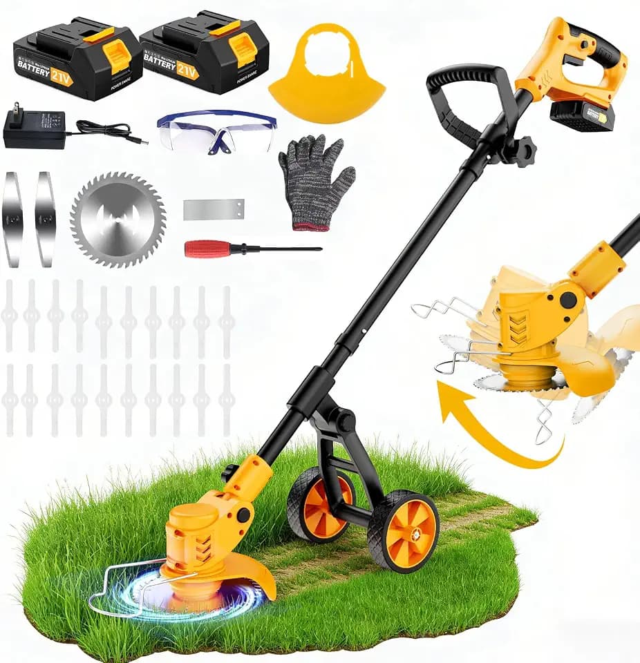 Electric Weed Wacker Cordless, Electric String Trimmer with 4 Types Blades & Removable Auxiliary Wheels, Brush Cutter & Grass Trimmer & Lawn Edger with for Garden Yard