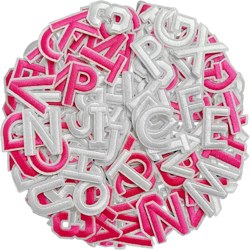 72Pcs Iron on Number and Letter Patches for Clothes-Pink and White