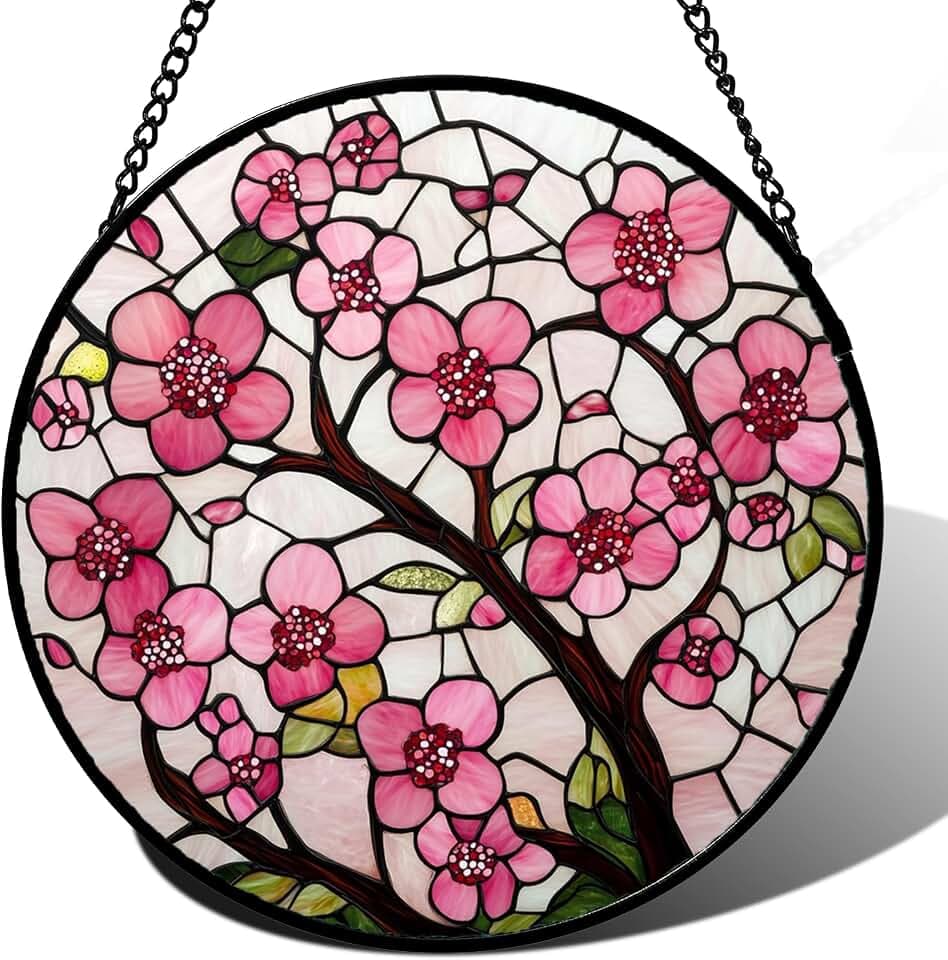 Pink Cherry Blossoms Stained Glass Window Hanging Suncatcher Gifts 6.3"