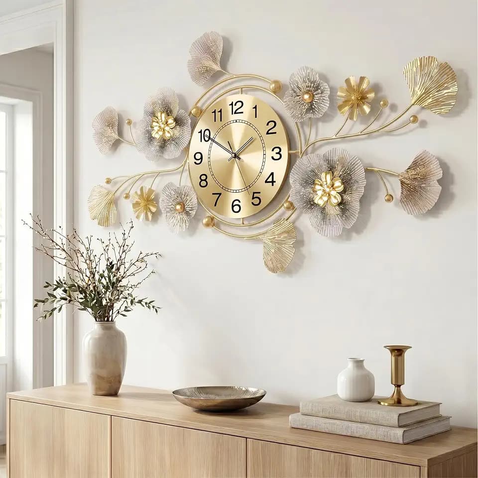 Wanduhr Groß aus Metall,3D Ginkgo Design,Braun,83 x 43 cm