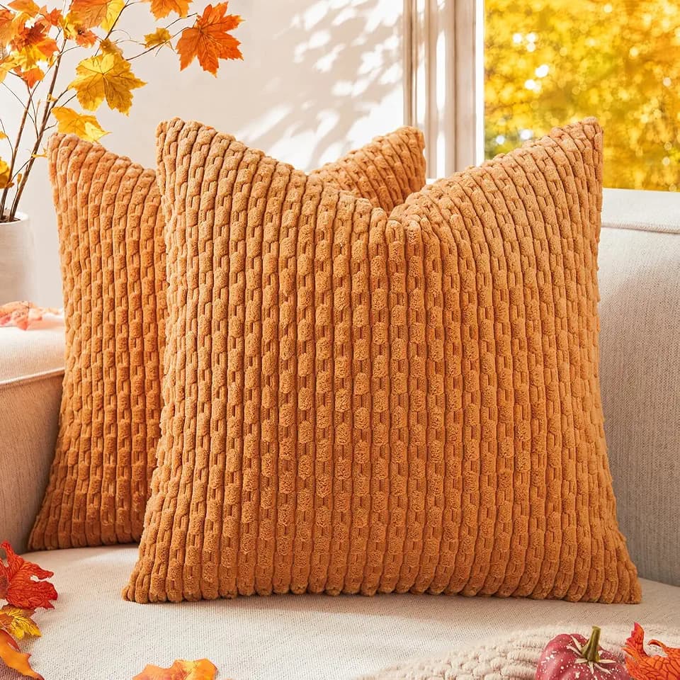 Kevin Textile Soft Corduroy 18x18 Inch Pillow Covers 2 Pack, Orange Yellow