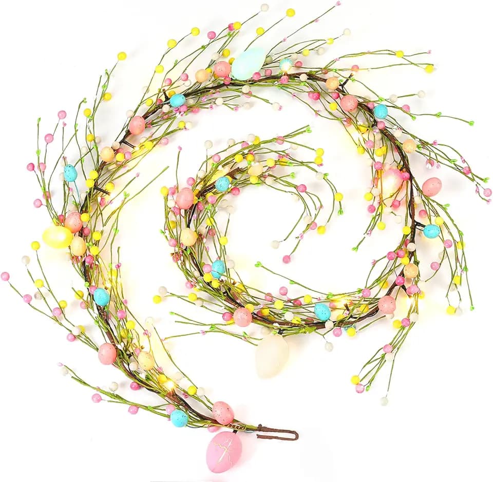 Easter Garland with Lights - 6 Foot Easter Egg Garland Decor with 20 LED Lights, Battery Operated Auto Timer, Flexible Pip Berry Vine for Indoor Outdoor Mantle Window Fireplace Table Decorations