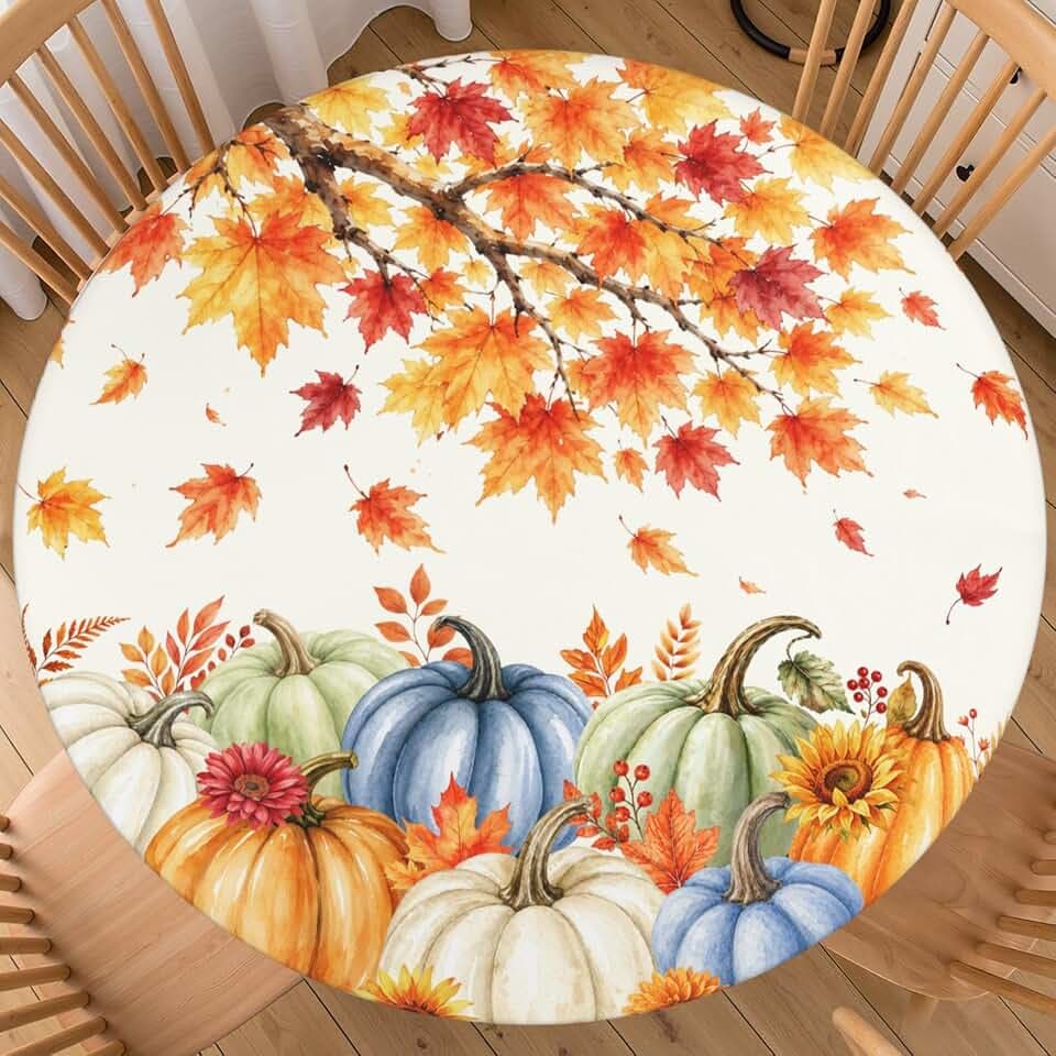 Fall Pumpkin Round Fitted Tablecloth Orange Maple Leaf Thanksgiving Waterproof Table Cover with Elastic Edge for 40"-44" Harvest Floral Tablecloth Kitchen Picnic Party Outdoor Patio Home Decor