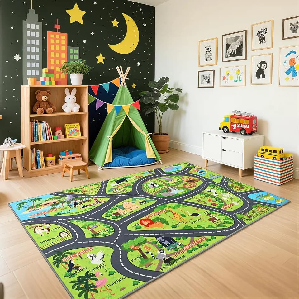 BENRON Zoo Kids Car Rug 3x5 for palyroom, Educational Animal Play Mat
