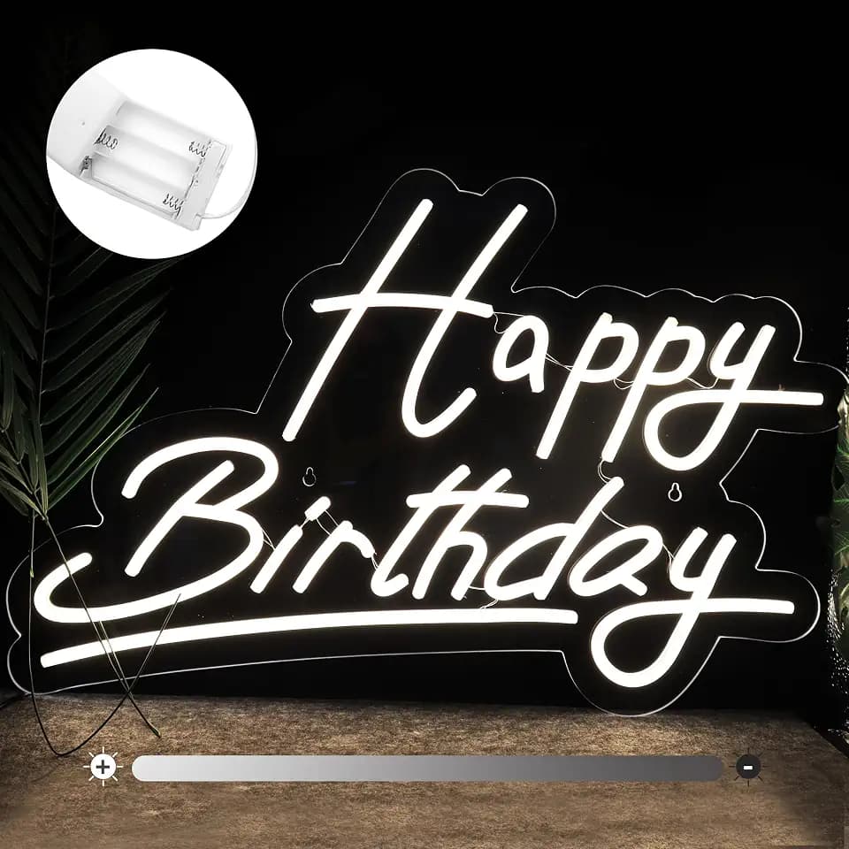 Batteriebetriebenes Neon-Schild "Herzlichen Glückwunsch zum Geburtstag" – USB 5V, Wanddekoration mit variabler Helligkeit (57 x 36 cm, kaltweiß)