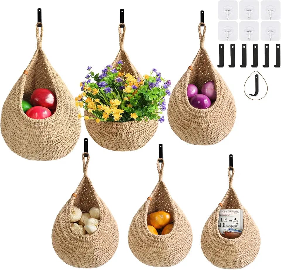 LOCS MICRAI Hanging Fruit Baskets for Kitchen - 6 Pack Boho Wall Hanging Basket,Handwoven Wall Fruits Basket,for Garlic Potato Vegetable Onion Teardrop Home Hanging Storage Baskets(Brown Classic)