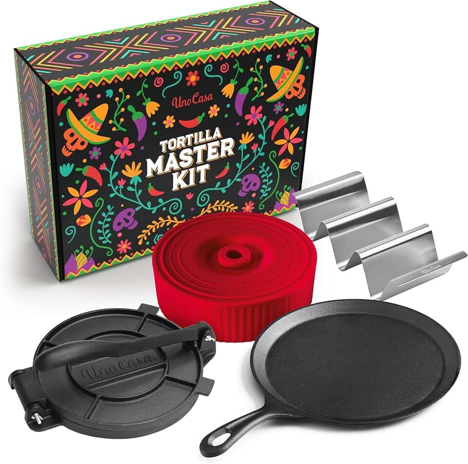 Uno Casa Master Kit | Cast Iron Tortilla Press 8 Inch, Comal Pan and Warmer