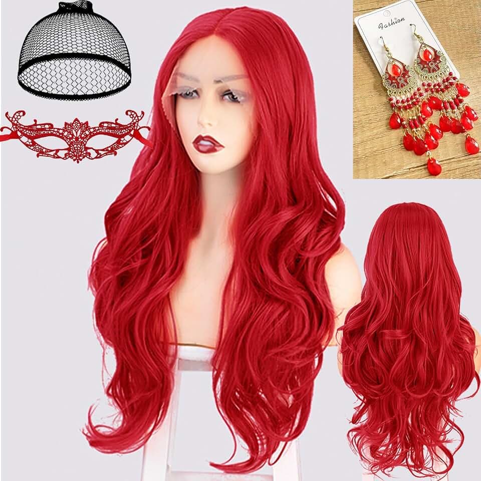 Halloween Perücke Damen lang, 68 cm Perücke Rot mit Haarnetz