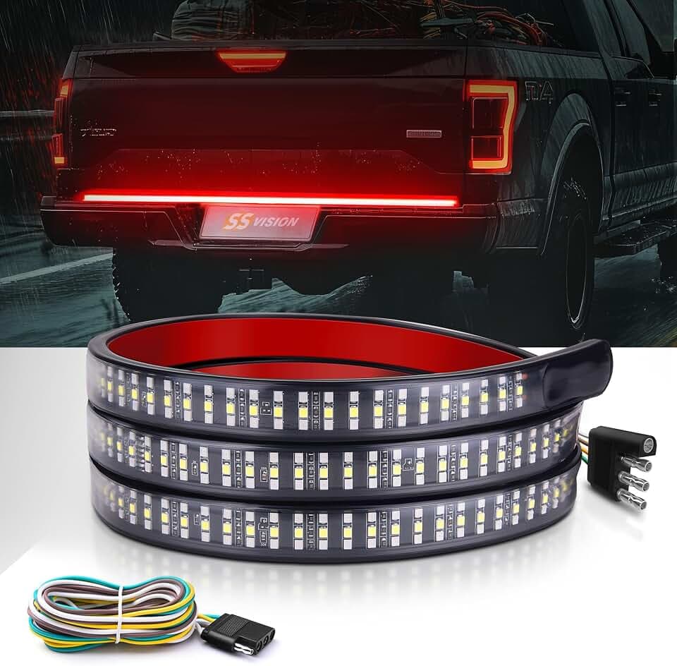 60 inches Triple Row Tailgate Light Strip for Truck, 504 LEDs Tailgate Strip Light Waterproof with 4-Way Flat Connector - 5 Functions Red Turn Signal, Red Brake, Running Light, White Reverse