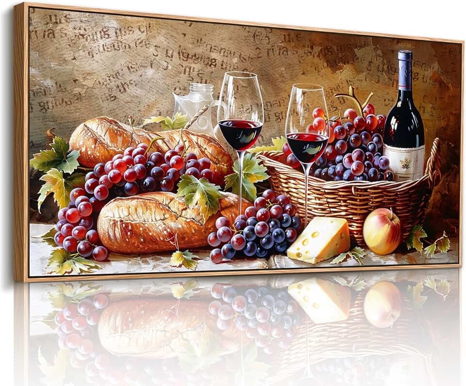 imjiayu Wine and Grapes Canvas Wall Art, Rustic Still Life Kitchen Print