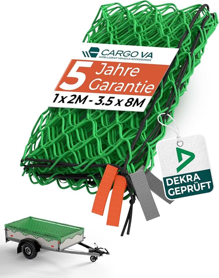 CargoVA Anhängernetz 3x4M [DEKRA Geprüft] - Ladungssicherungsnetz mit Gummiseil & Eckenmarkierung - Abdecknetz für Anhänger, Reißfest