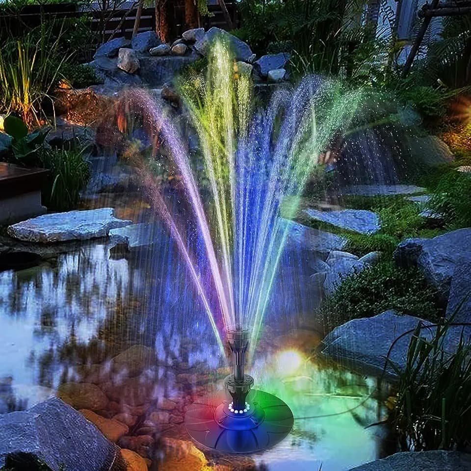 SZMP Springbrunnen für Gartenteiche, 6W Bunt LED Licht Teichpumpe 4 DIY Effekte mit 32.8ft Netzkabel, Schwimmender Fontäne Pumpe