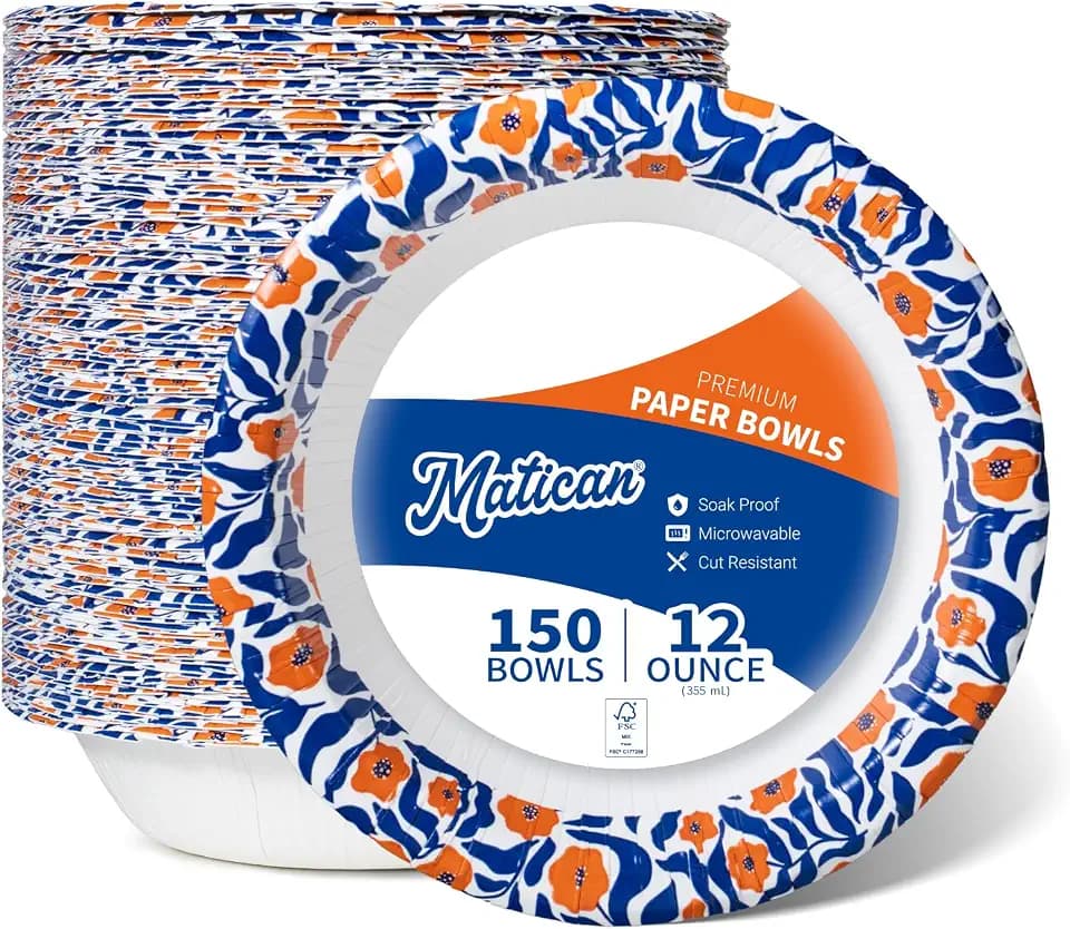 MATICAN Paper Bowls 12 oz, 150-Count Disposable Bowls, Heavy Duty Soak-Proof and Microwave-Safe Paper Bowls with Matisse-Style Floral Design, Great for Soup, Salad, Snacks, and Party Use