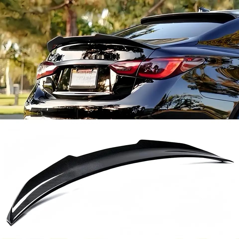 Rear Spoiler Compatible with 2014-2024 Infiniti Q50 Q50S Luxe Premium, Carbon Fiber Pattern PSM Style Duckbill Fits for 14-24 4 Door Sedan, Trunk Exterior High Kick Spoiler Wing Lip