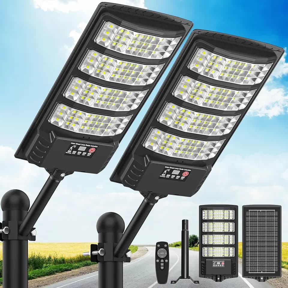 Solar Lights Outdoor Waterproof–6500K LED Street Lights with Motion Sensor & Remote, Dusk to Dawn Flood Lights, Wide Angle Illumination Solar Parking Lot Lights for Yard, Patio, Garage (2 Pack)