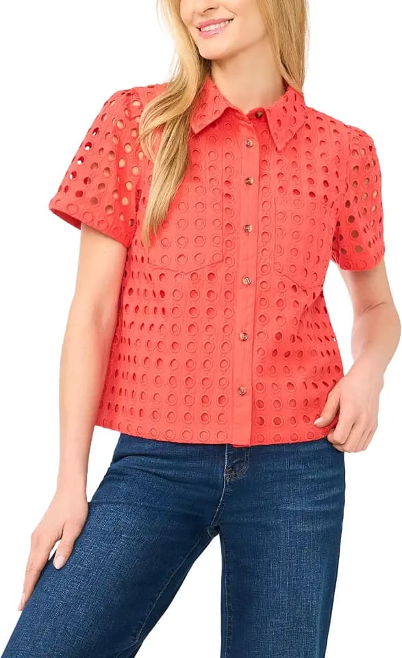 Short Sleeve Eyelet Button Down Top