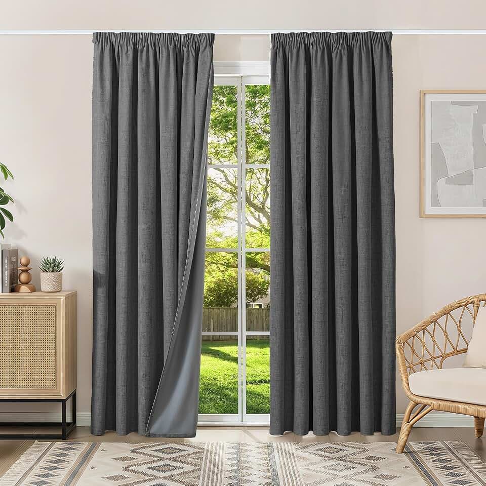 100% Verdunklungsvorhänge mit Kräuselband Leinenoptik Vorhänge Blickdicht | 200Hx200Bcm,Grau,2er Set,Thermovorhänge Kälteschutz Gardinen für Schienen,Wohnzimmer,Schlafzimmer