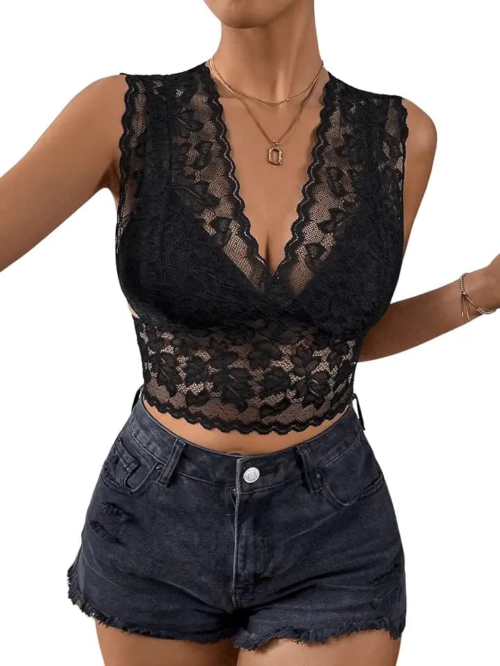 GORGLITTER Damen Crop Tank Top Casual Trägershirt Sommer Kurze Tops V Ausschnitt Oberteile mit Luftspitze Schwarz L