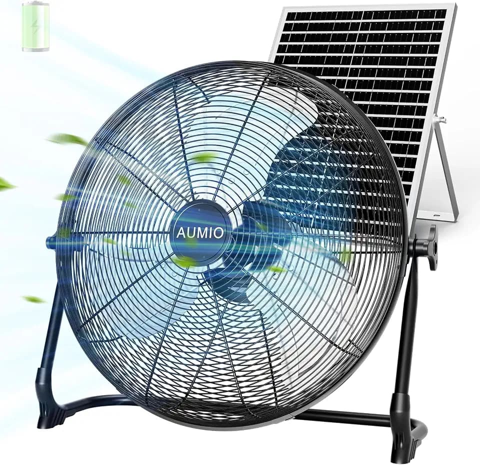 AUMIO 16" Solar Powered Floor Fan 15600mAh Battery, 1050 CFM, 4-25H Runtime