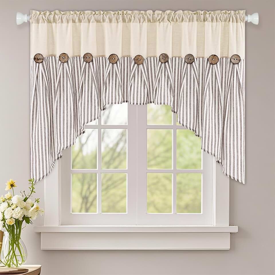 ASPMIZ Farmhouse Cotton Linen Swag Valances for Windows, Boho Kitchen Curtains Valances with Rustic Buttons, Brown Striped Window Treatments Curtain Valance for Bathroom Cafe, 61 x 36 Inch, 1 Panel