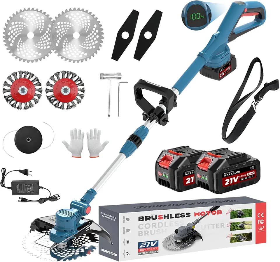 Weed Wacker - Electric Weed Cordless Eater, Foldable and Lightweight Grass Trimmer/Brush Cutter. (with 2 x 4.0Ah Batteries and Fast Charger Included)(Blue)