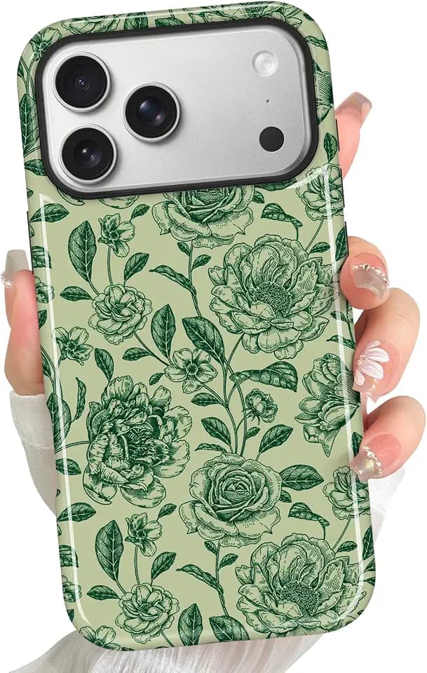 Designed for iPhone 17 Pro Case Ceramic Rose Pattern -Green