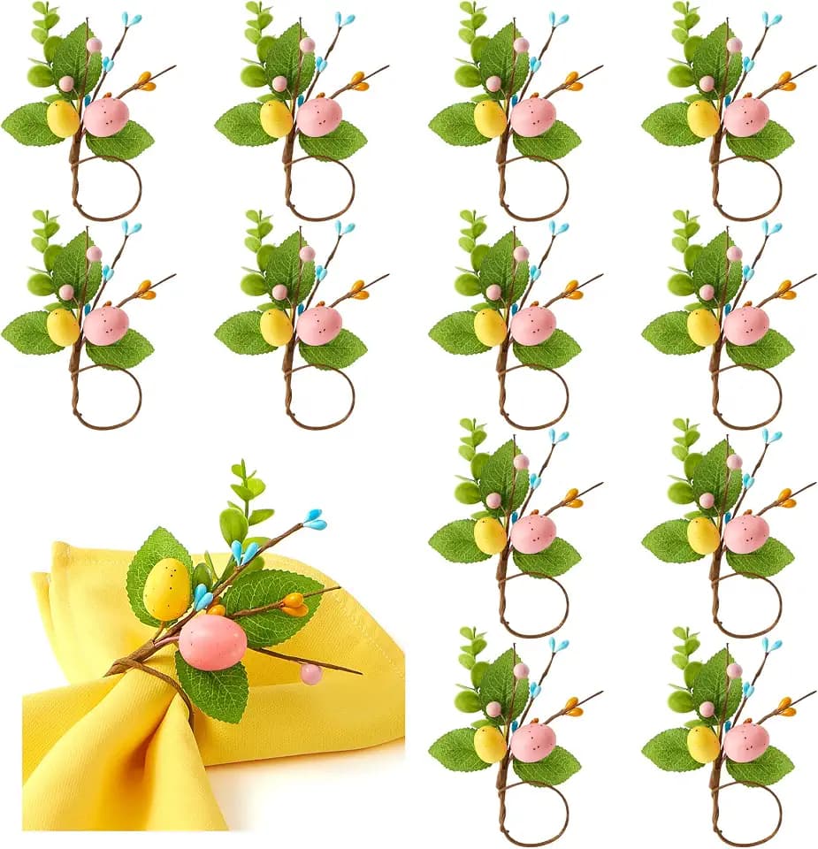 APTWOW Easter Napkin Rings Set of 12 - Farmhouse Easter Eggs Napkin Holder, Spring Eucalyptus Leaf Napkin Rings for Holiday Birthday Wedding Party Banquet Table Decorations