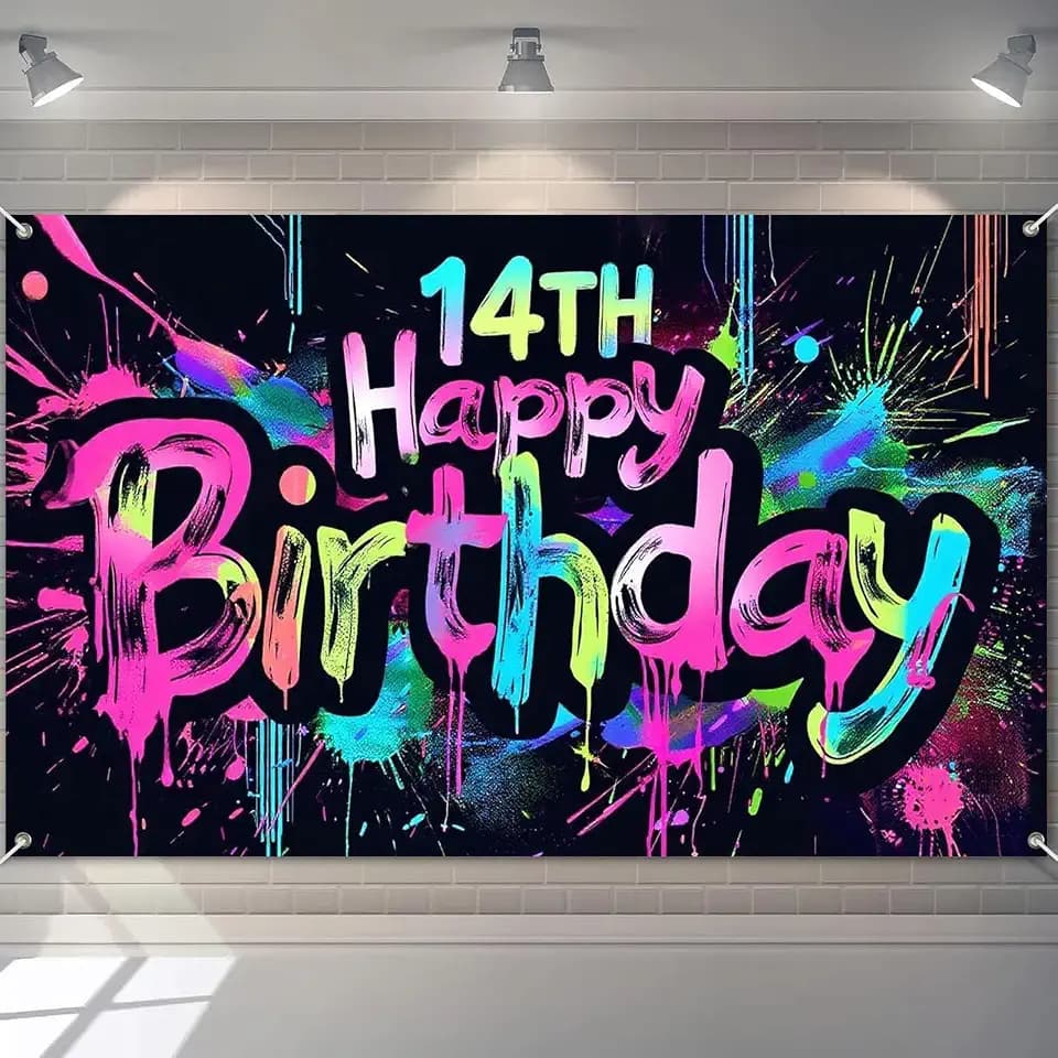 HOMETITUTE Glow in The Dark 14th Birthday Banner 71x43 Inch Colorful Paint Splatter Backdrop for Teen Boys Girls Fourteenth Party Decorations Neon Wall Decor Celebration Photo Booth Props Supplies