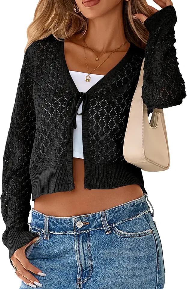 SimpleFun Womens Cropped Cardigan Tie Front Long Sleeve Crochet Shrugs