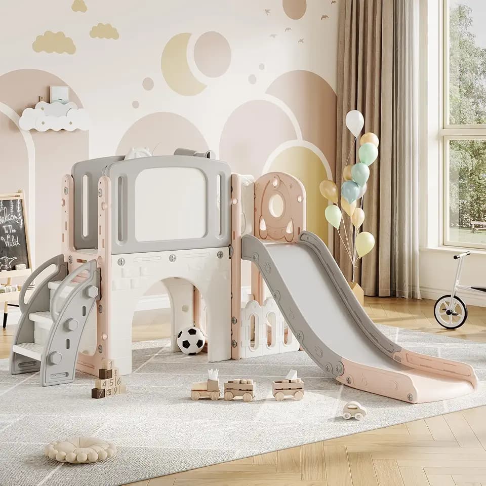 Garvee 8-in-1 Toddler Slide Indoor & Outdoor Playground Playset for Kids-Includes Climber, Basketball Hoop, Telescope, Tunnel, and Storage Space for Backyard & Courtyard Fun