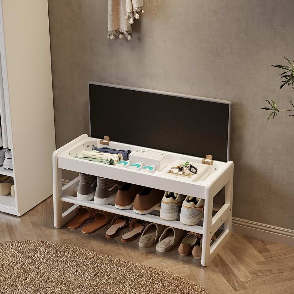 AQIMUELE Schuhregal Bank mit Kissen, 2 Ebenen, Schuhbank mit Klappdeckel, Schuhregal aus Holz für Eingang, Flur 80CM (Weiß)