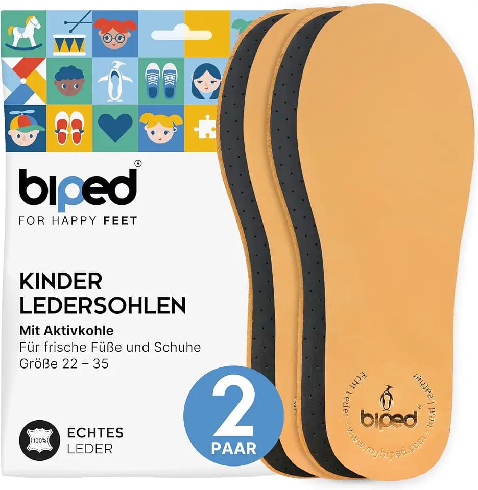 biped 2 Paar Kinder Premium Leder Einlegesohlen mit Aktivkohle - Ledersohlen gegen Schweißfüße - Weiche Leder Einlagen für Kinderschuhe z2766