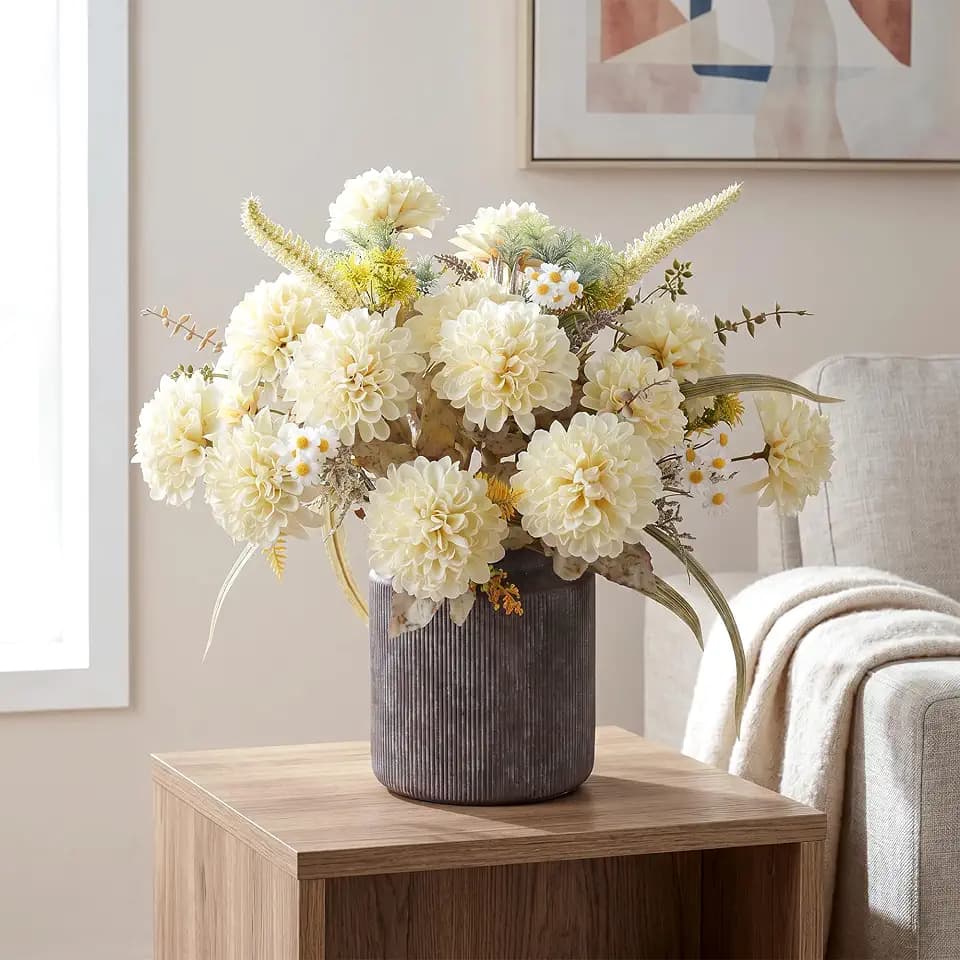 10 Heads Artificial Flowers Ball Mums Indoor for Vase, Large Silk Faux Chrysanthemum with Stems, Fake Bouquet for Home Decor Table Filler, 2 Pack (Beige)