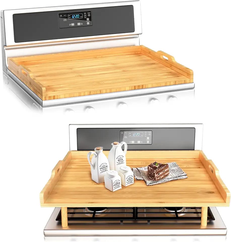 Bamboo Stove Top Cover for Electric Stove & Gas Burners - 29" x 22" Extra Large Noodle Board Stove Cover with Adjustable Legs & Handles - Multi-Use Stove Cover Cutting Board, Sink Cover, RV Accessory
