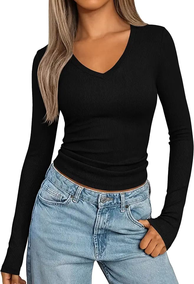 PRETTYGARDEN Womens Long Sleeve Ribbed V Neck Knit Shirts