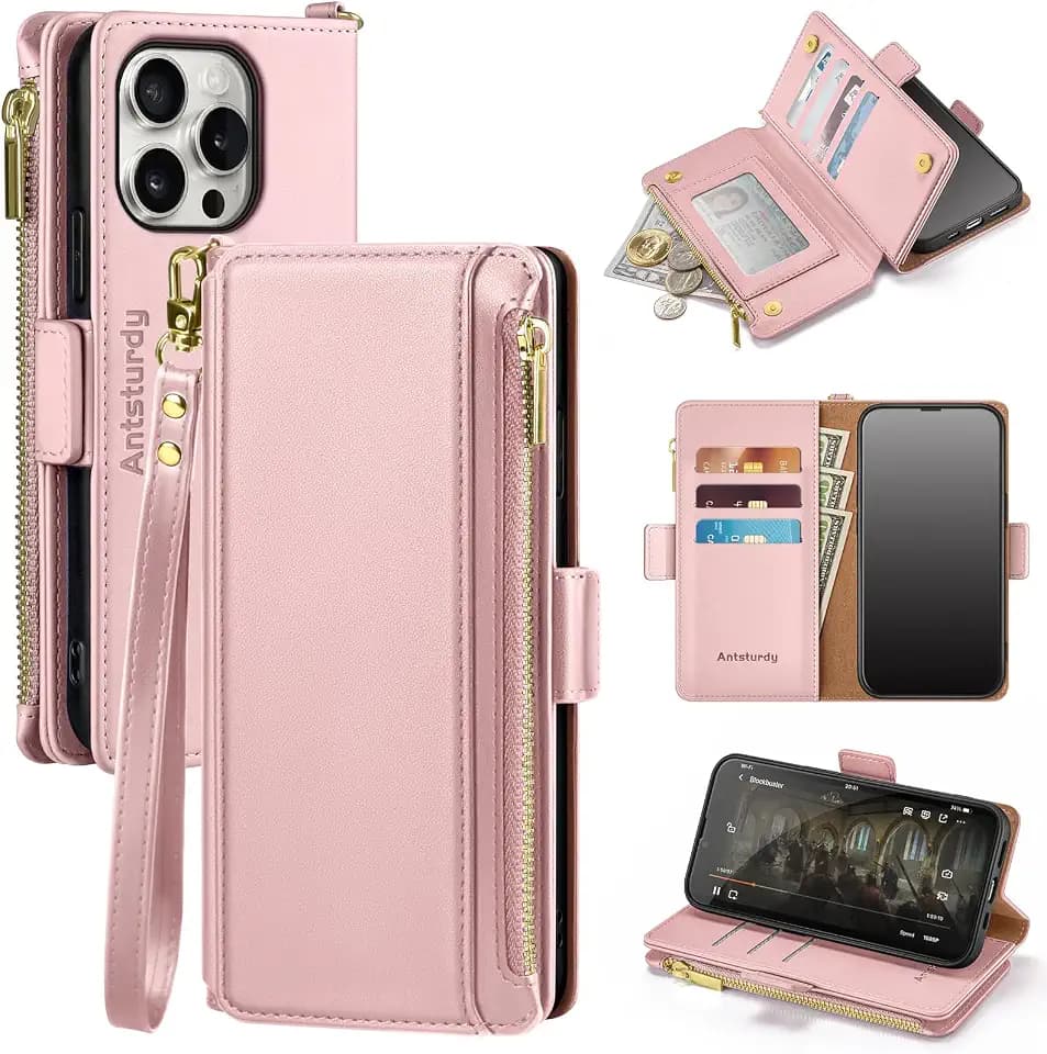 Antsturdy for iPhone 15 Pro Phone Wallet Case Women,Pink