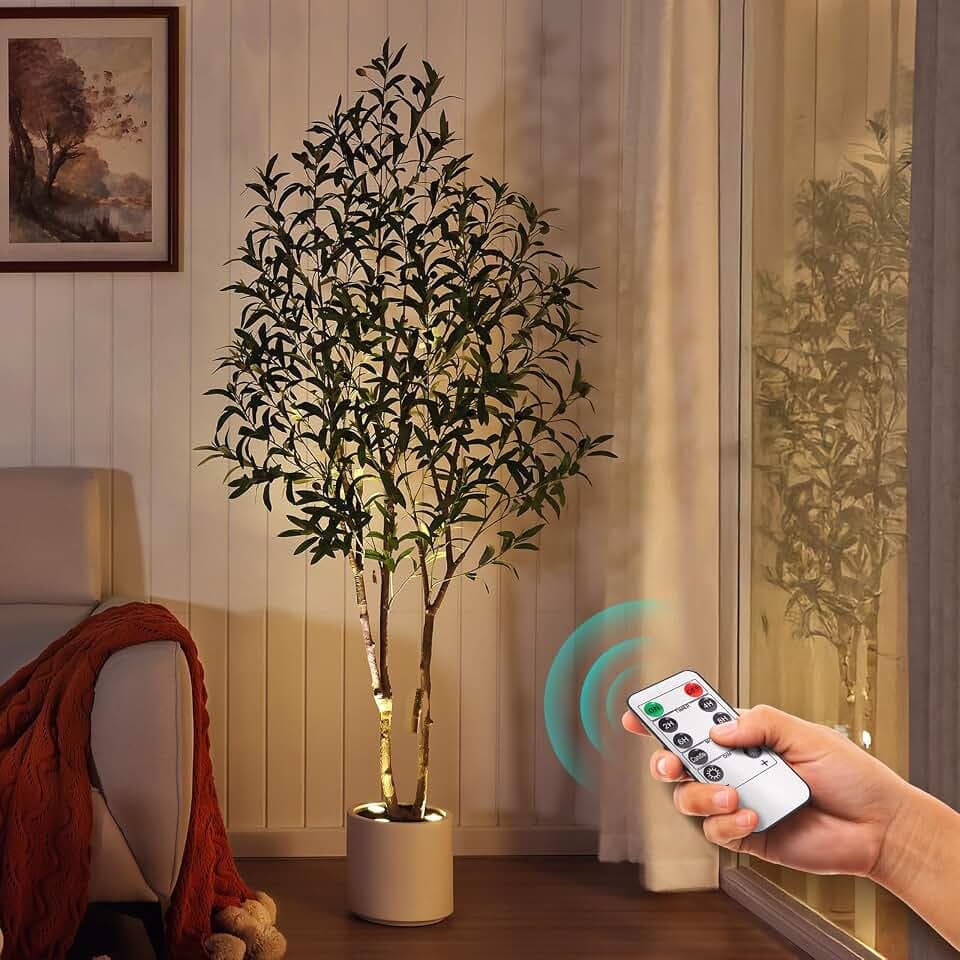 VeriNatural 6ft Olive Trees Artificial Indoor with Remote LED Spotlights